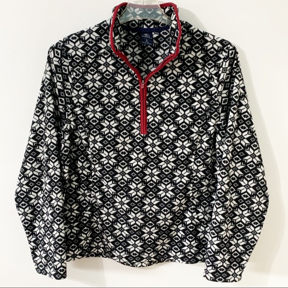 Lands’ End Snowflake Print Quarter Zip Long Sleeve Fleece Jacket Black White Red - Picture 2 of 7